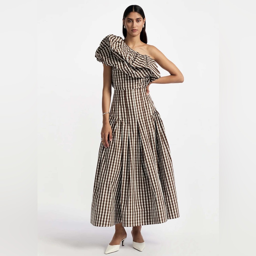 Lela Rose Gingham taffeta One-Shoulder Top